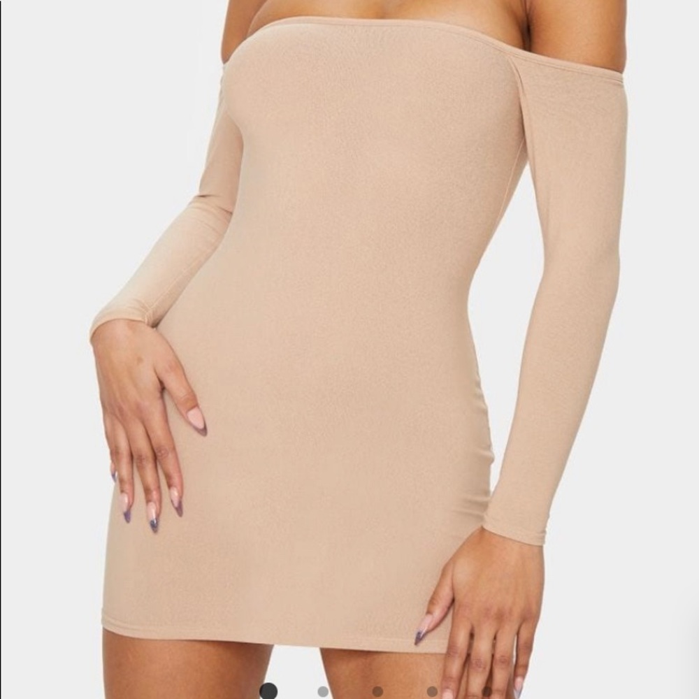 Nude Long Sleeved Off Shoulder Bodycon Dress